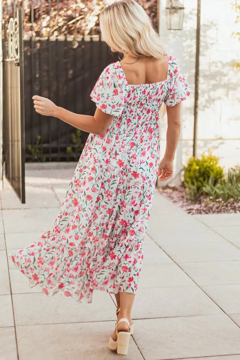 Pink Floral Puff Sleeve Square Neck Empire Waist Maxi Dress - Love Salve